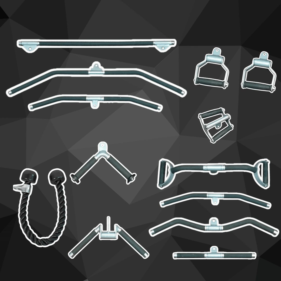 Assorted gym exercise handles, bars, straps and ropes.