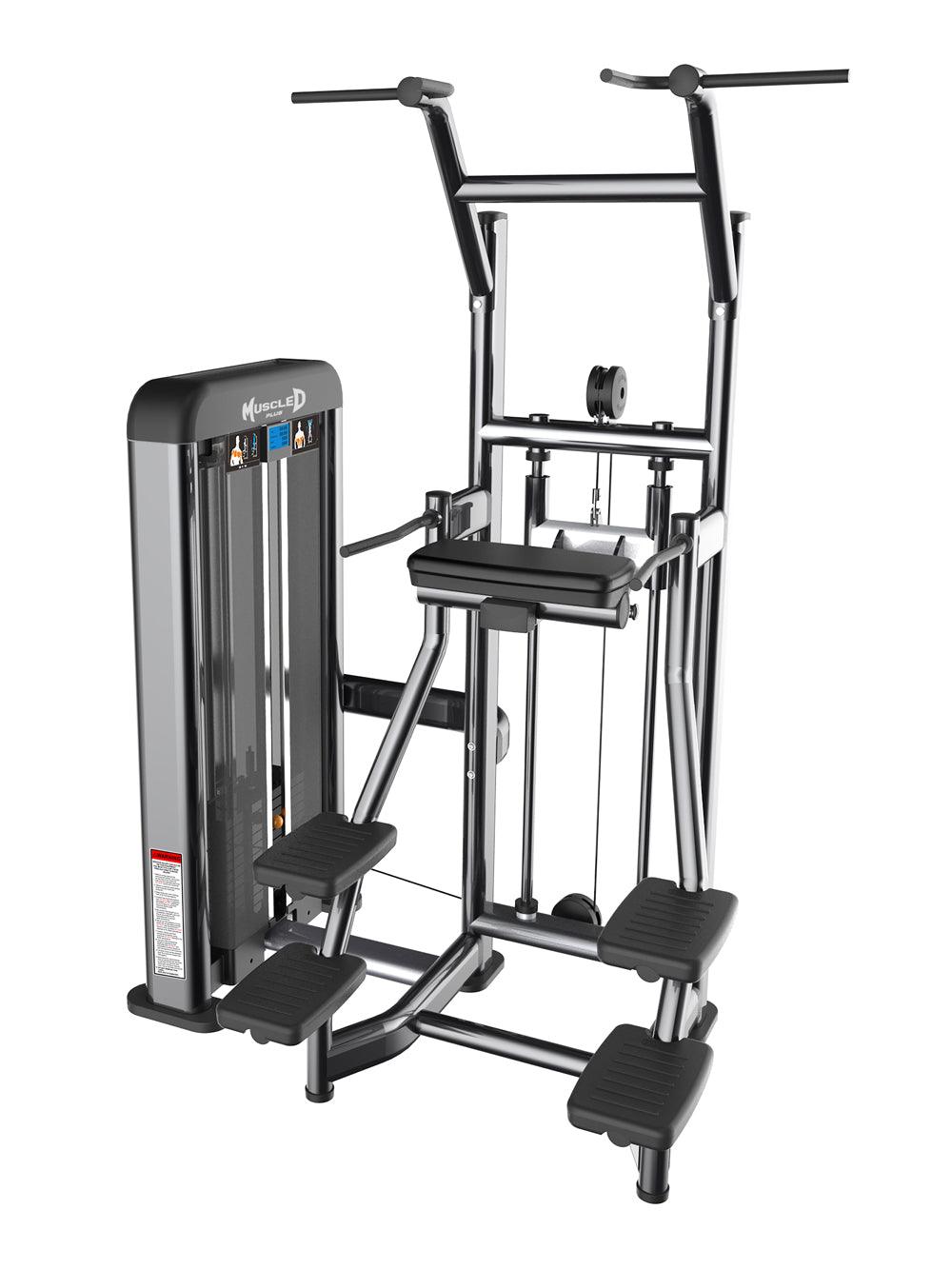 Muscle D Fitness dip chin assist machine with black padded seat for strength training.
