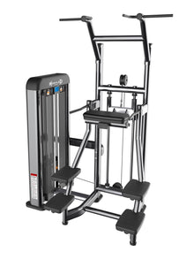 Muscle D Fitness dip chin assist machine with black padded seat for strength training.