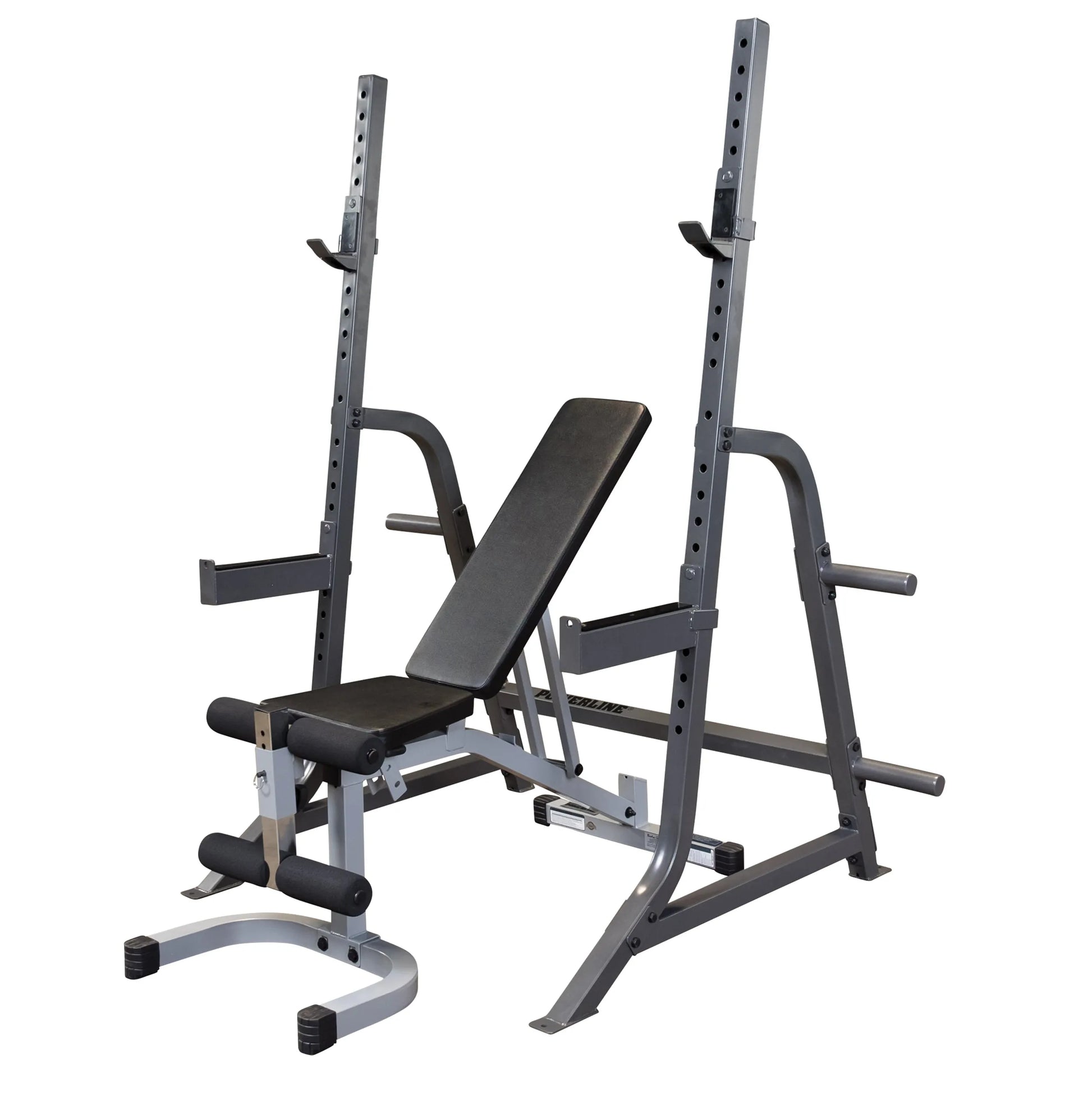 A weight bench with adjustable height supports, designed for strength training exercises, featuring a padded seat and a sturdy metal frame.