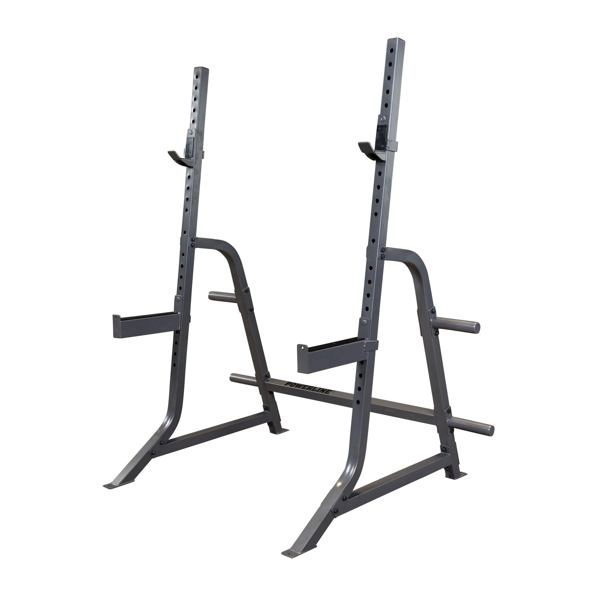 A pair of heavy-duty weight lifting squat stands in a sleek gray finish, designed for strength training and exercise.