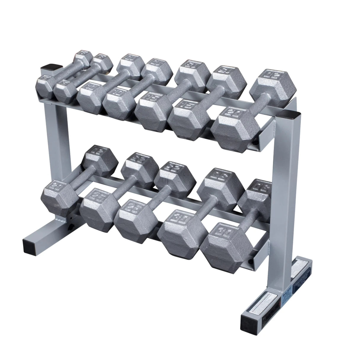 A two-tiered rack displaying a set of silver hexagonal dumbbells, arranged neatly for easy access, ideal for strength training and fitness workouts.