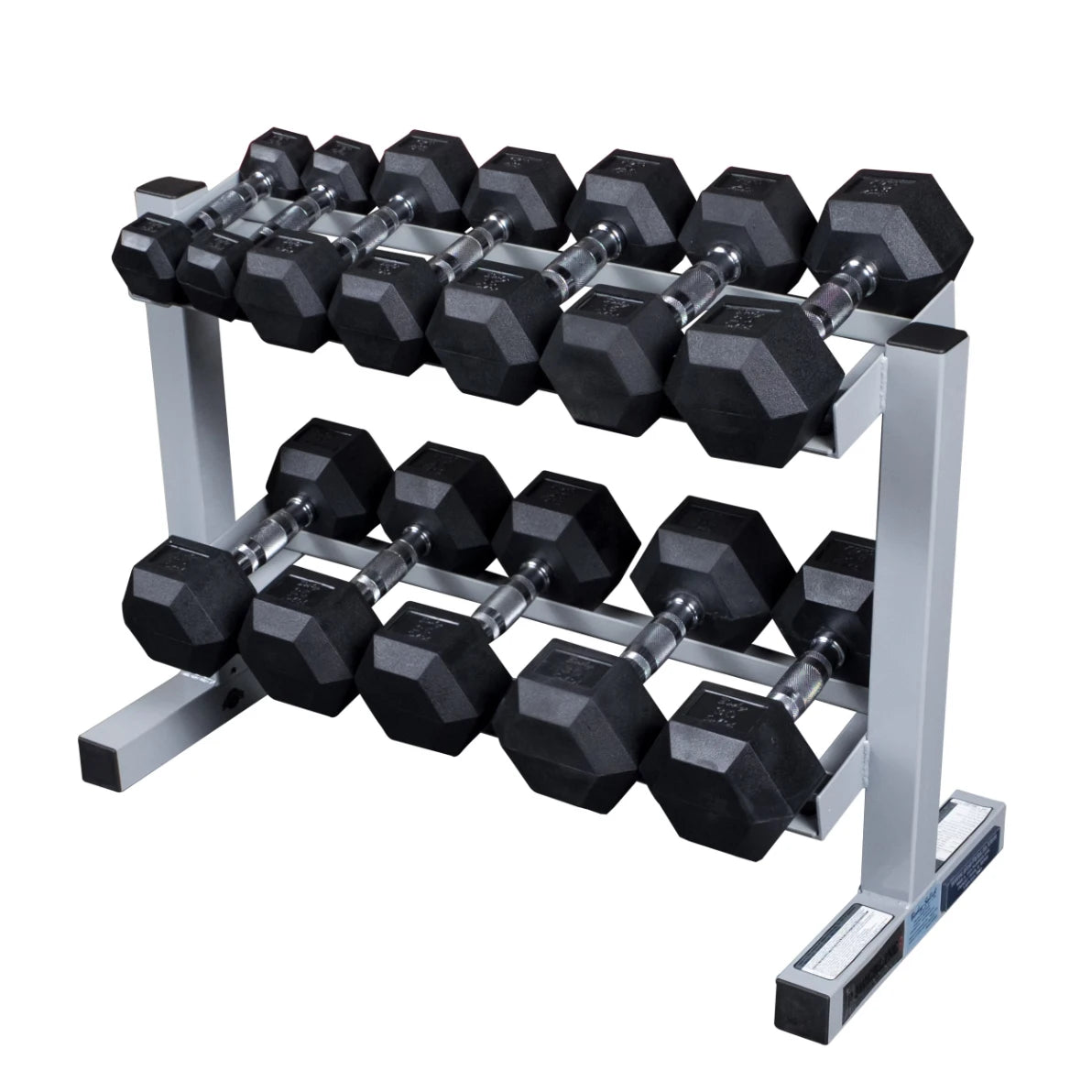 A black hexagonal dumbbell rack holding multiple pairs of dumbbells in various weights, designed for strength training and fitness workouts.