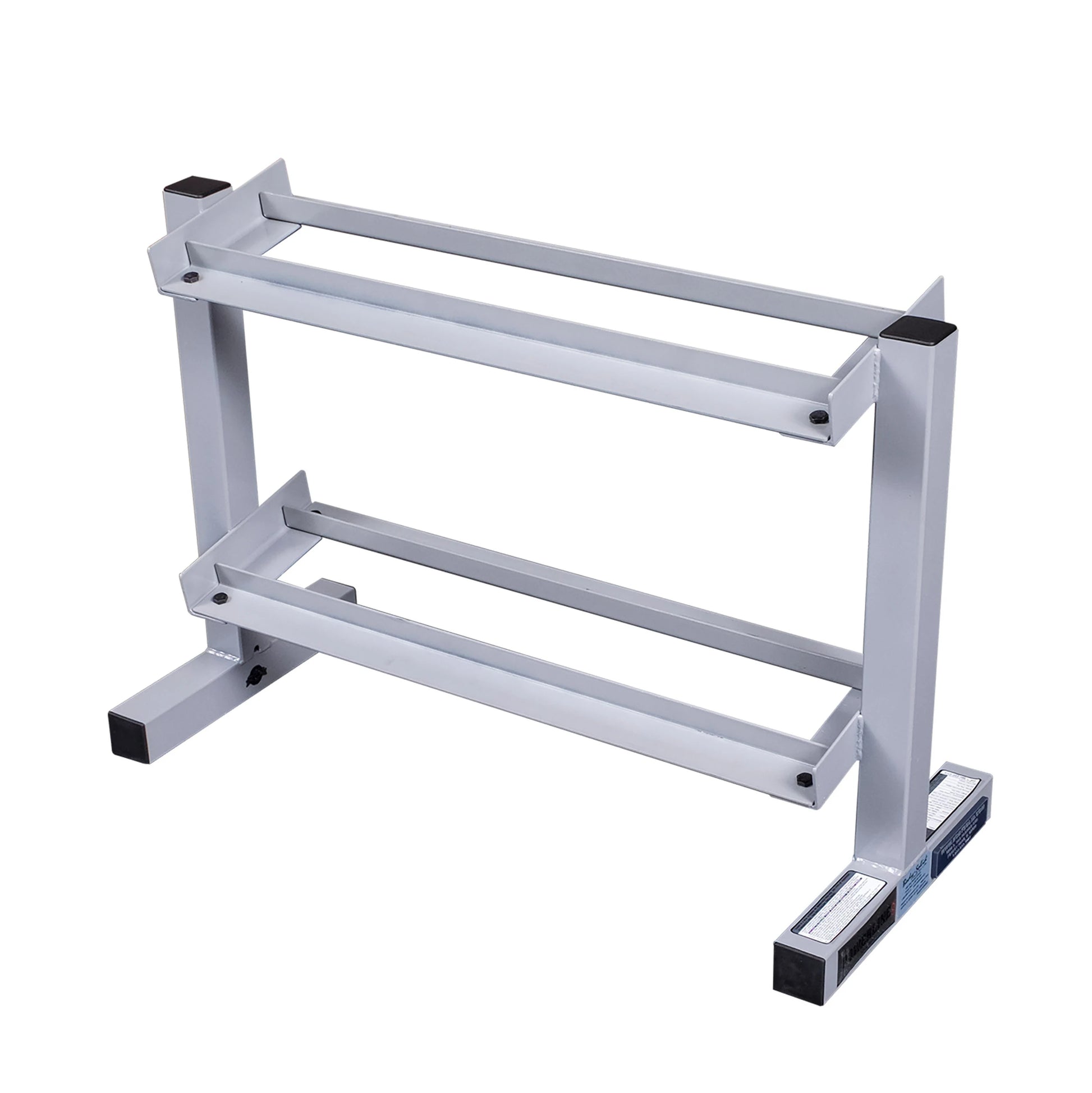 A sturdy, metallic weight plate storage rack with two horizontal bars, designed for organizing weight plates in a gym setting.