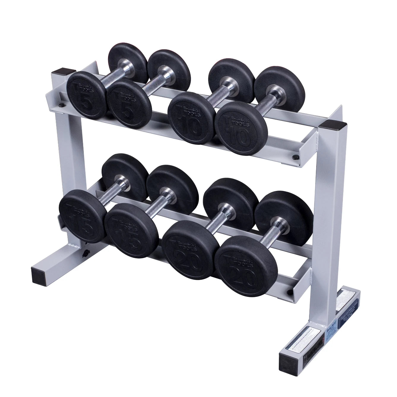 A rack holding a set of black dumbbells of various weights, including 5, 10, 15, and 20 pounds, arranged neatly in two tiers.