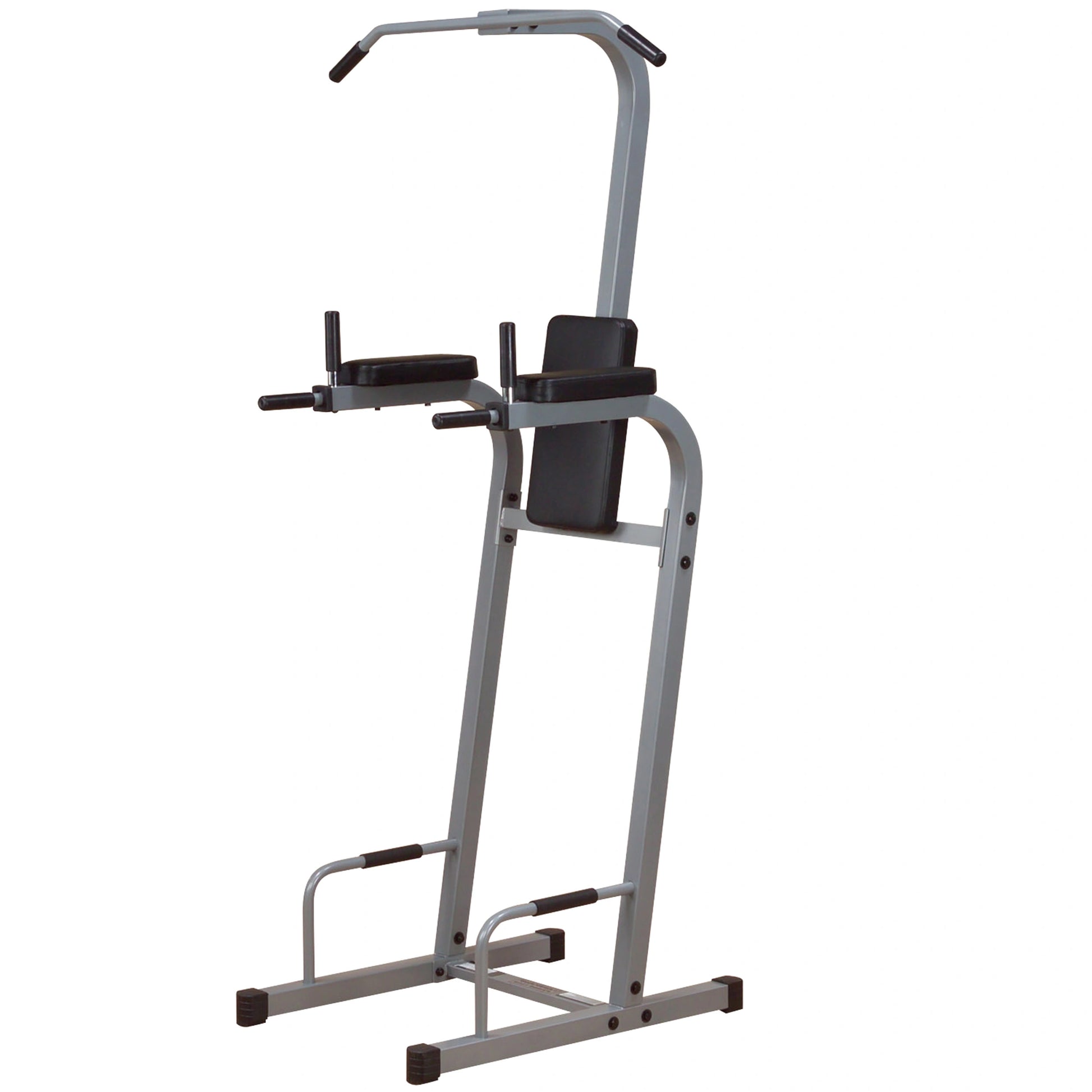 A vertical exercise machine designed for abdominal workouts and pull-ups, featuring padded arm supports and a sturdy metal frame.