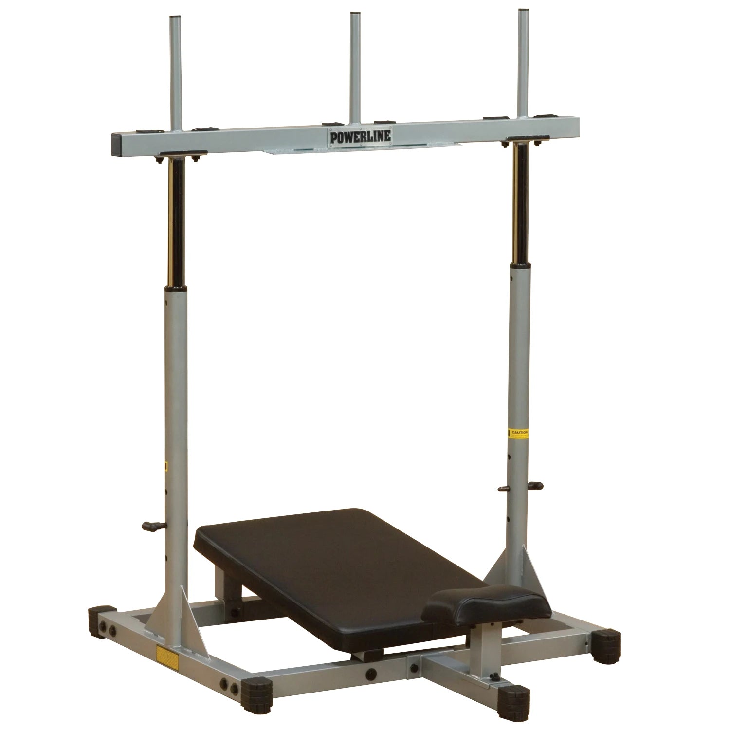 A Powerline adjustable bench press set, featuring a sturdy frame with vertical support bars and a padded bench for weightlifting exercises.