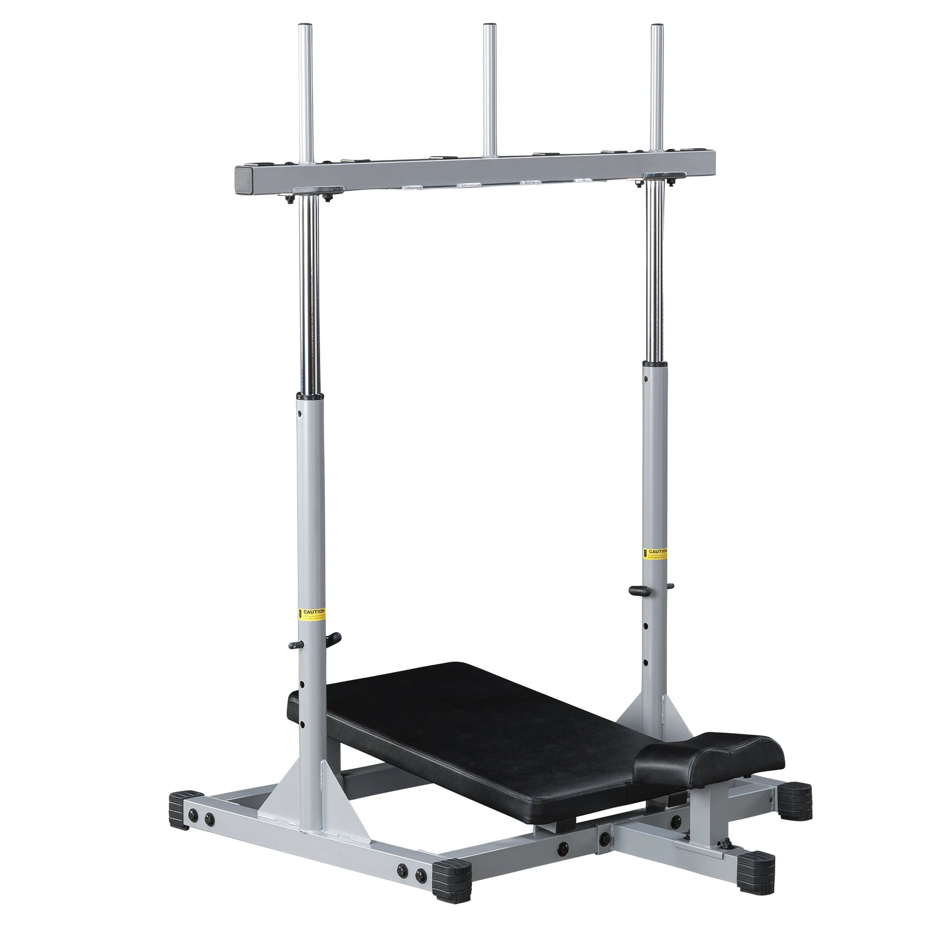 A gray and black weightlifting bench with a horizontal bar support above it, designed for strength training exercises.