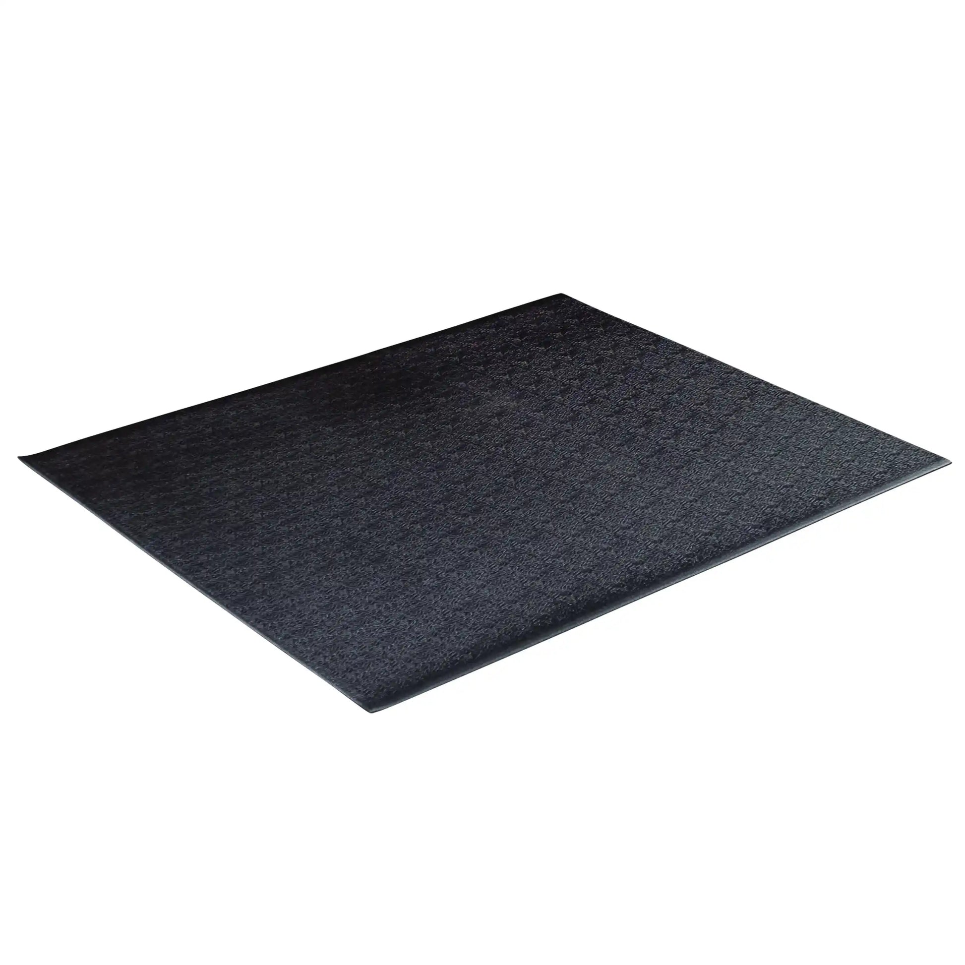 Black anti-fatigue mat with textured surface for ergonomic support.