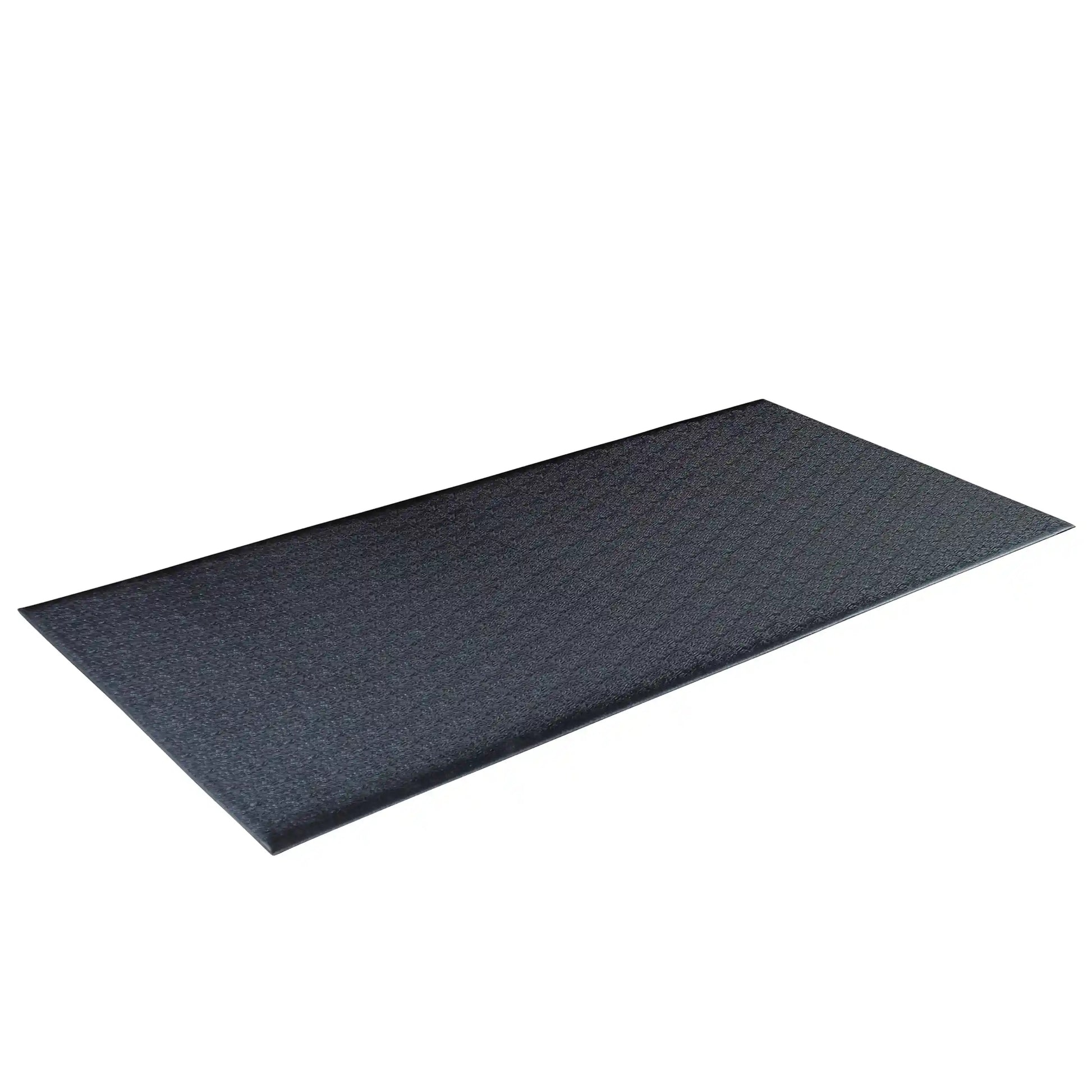 Black anti-fatigue floor mat with textured surface for comfort.