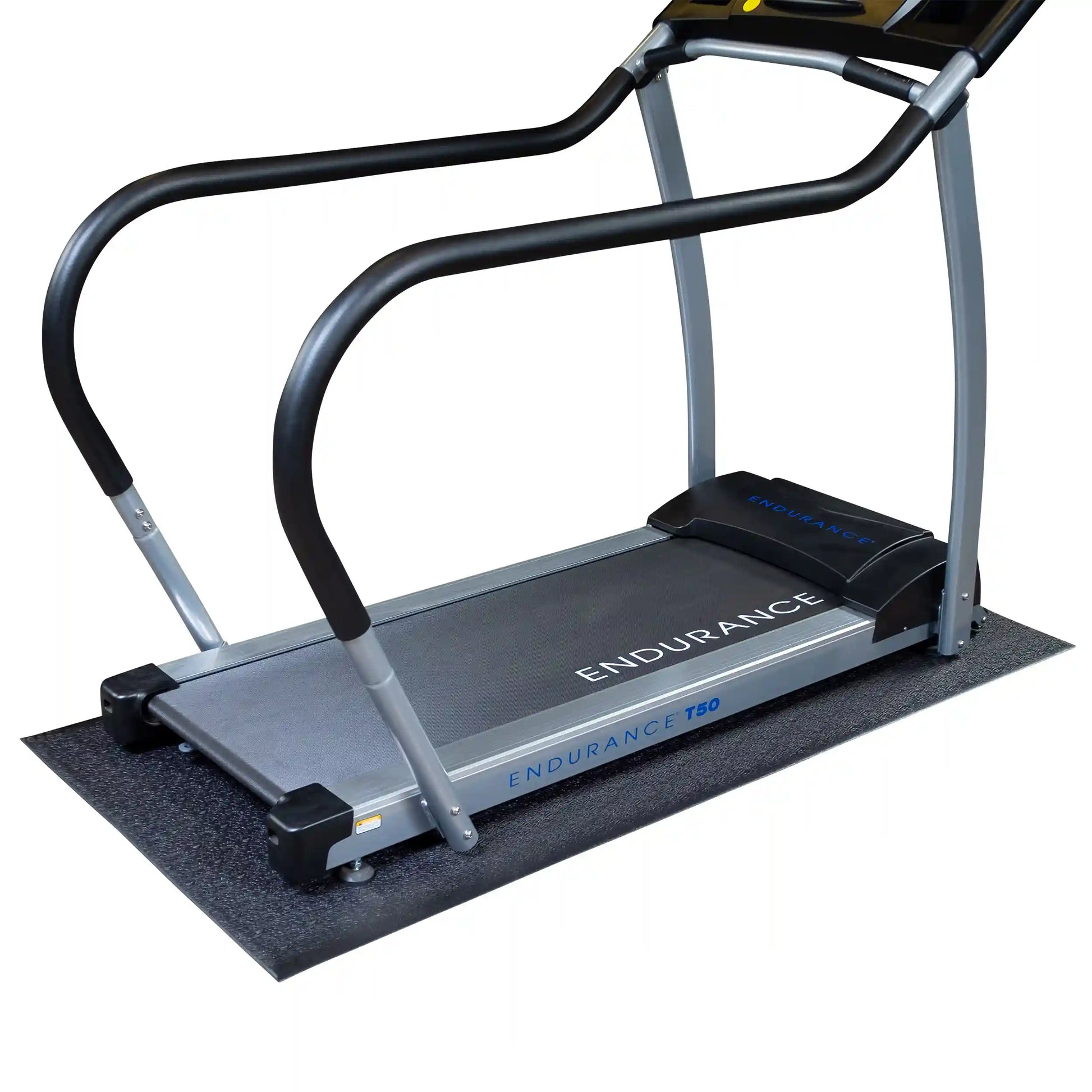 Endurance T50 treadmill with supportive handrails and durable black mat.