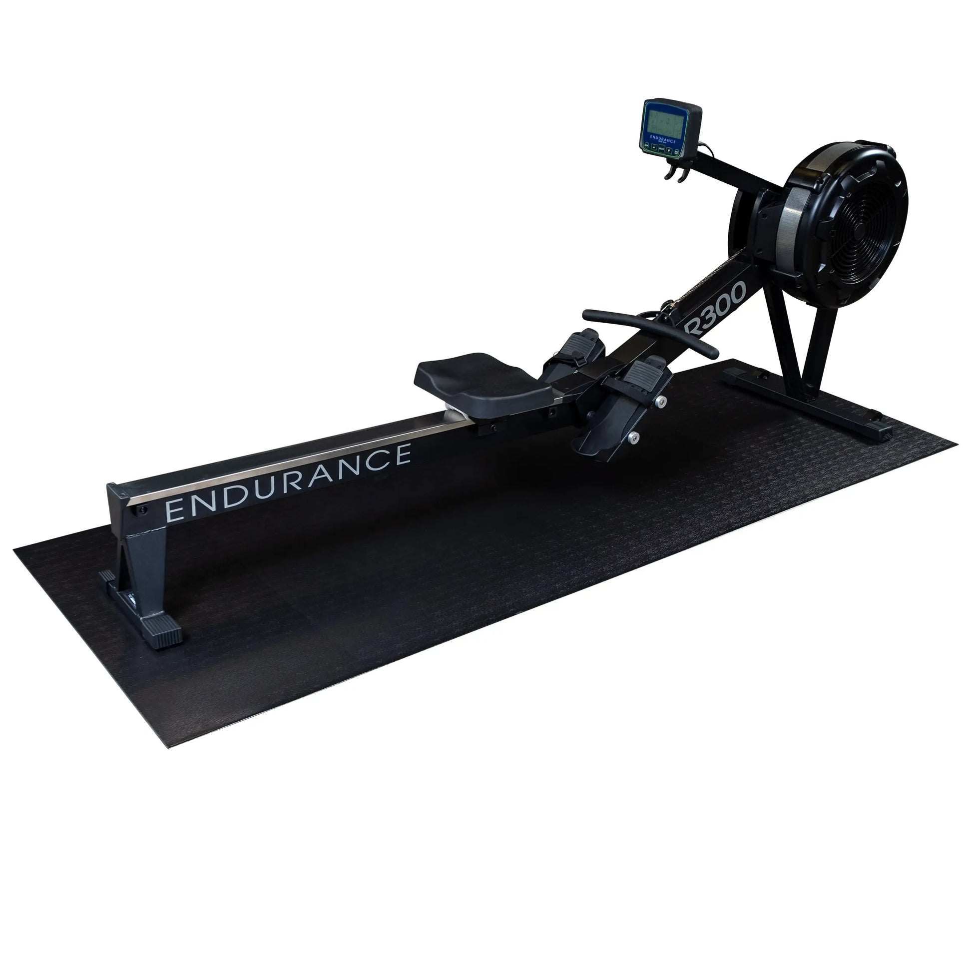 Endurance R300 rowing machine with digital display on black mat.