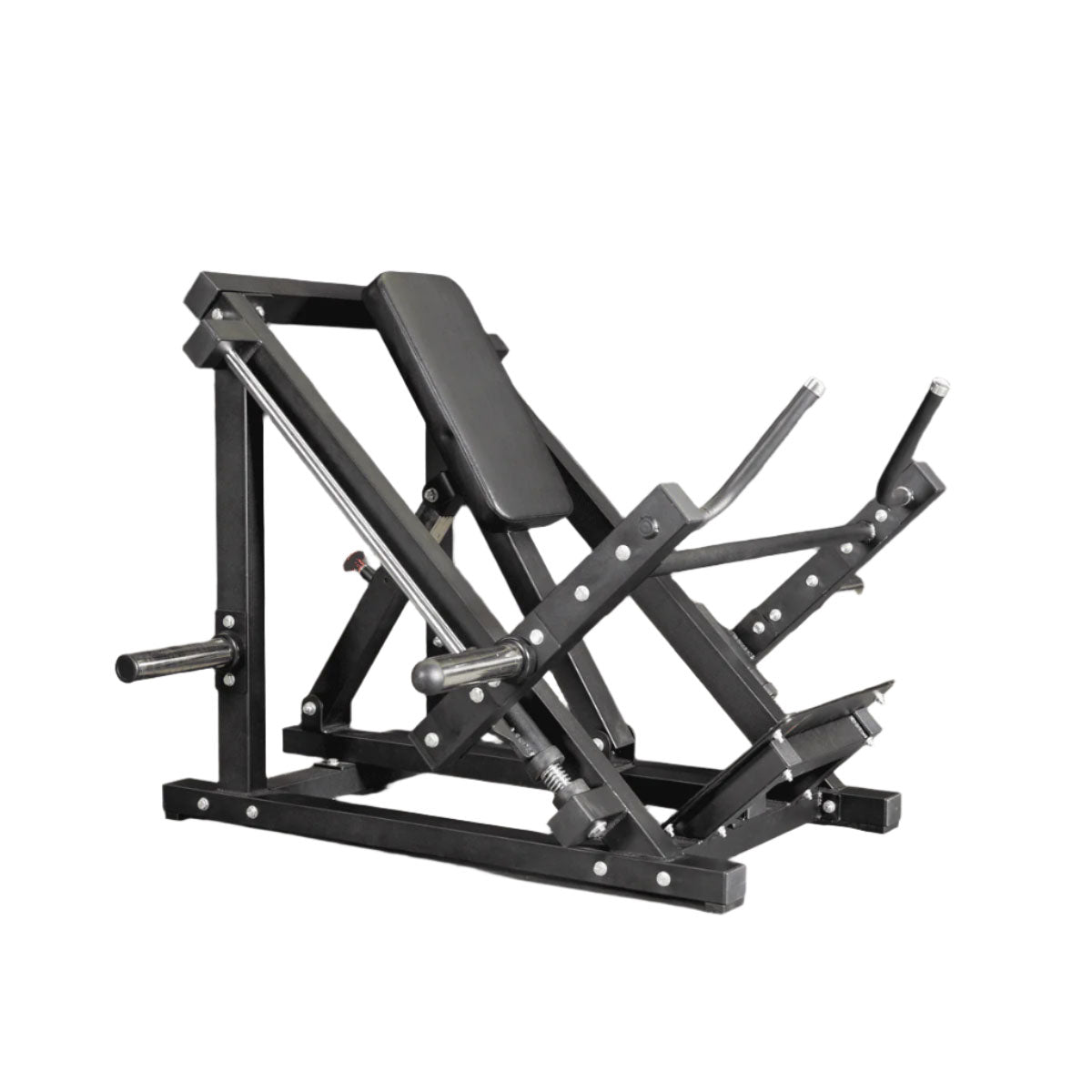 Black hack squat machine with adjustable backrest for leg workouts.