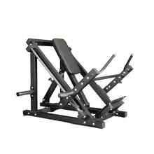 Black hack squat machine with adjustable backrest for leg workouts.