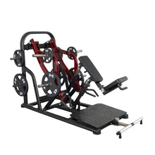 Hack Squat Machine with red frame and multiple weight plates for intense leg workouts.