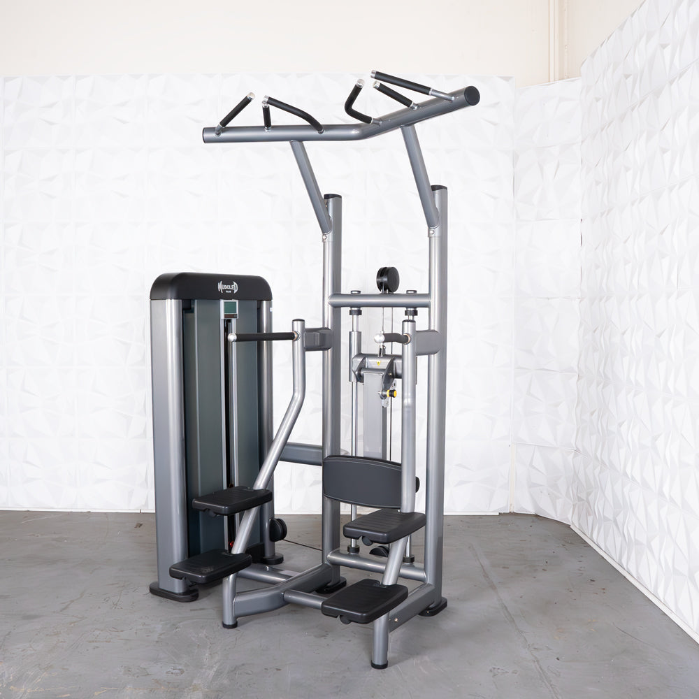Gym pull-up and dip machine, gray steel frame, featuring multiple grip options for versatile workouts.