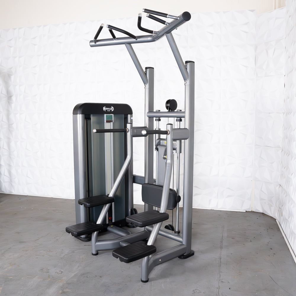 Gray dual-function pull-up and dip machine with padded steps for strength training.