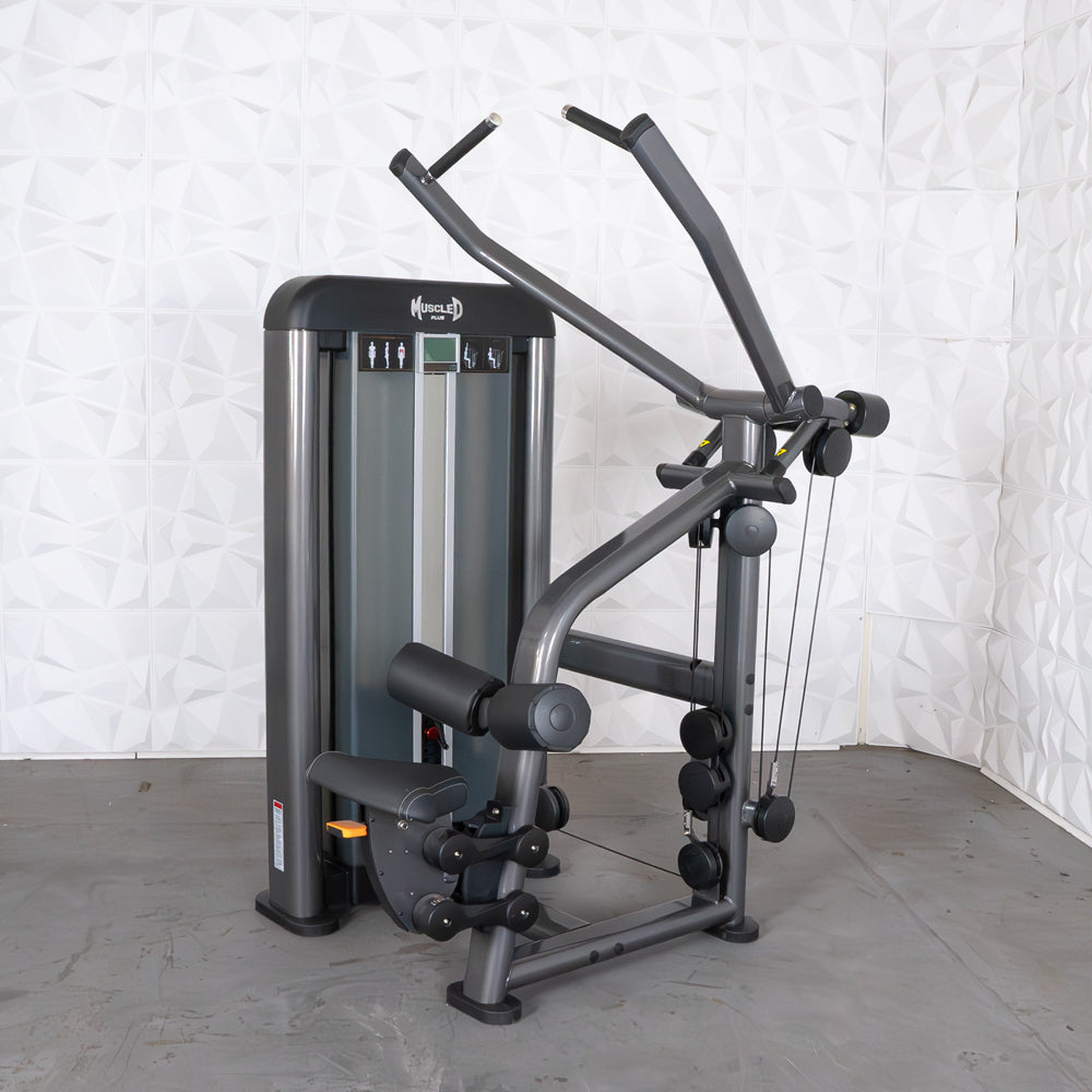 Muscle D lat pulldown machine in sleek gray, ideal for upper body workouts.