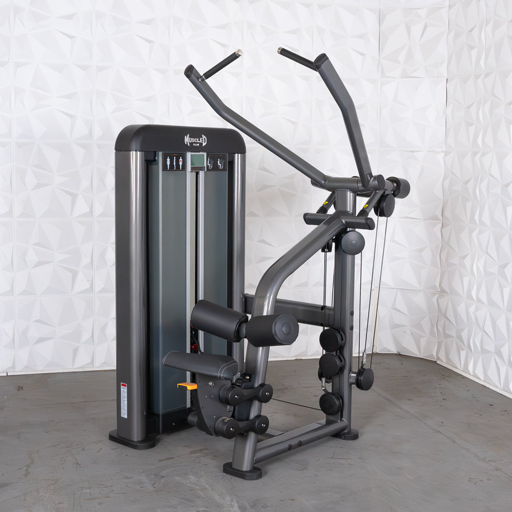 Muscle D Fitness lat pulldown machine with sleek black finish for strength training.