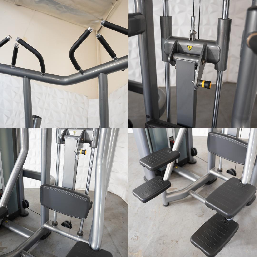 Multi-grip pull-up bar with adjustable settings on a silver fitness machine.