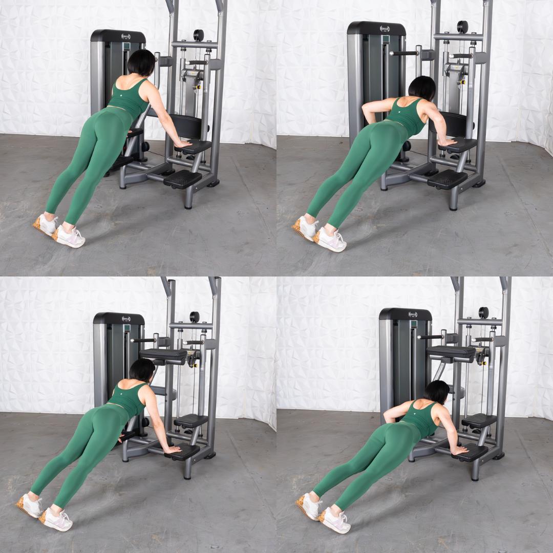 Woman in green workout outfit doing push-ups on a Smith machine.