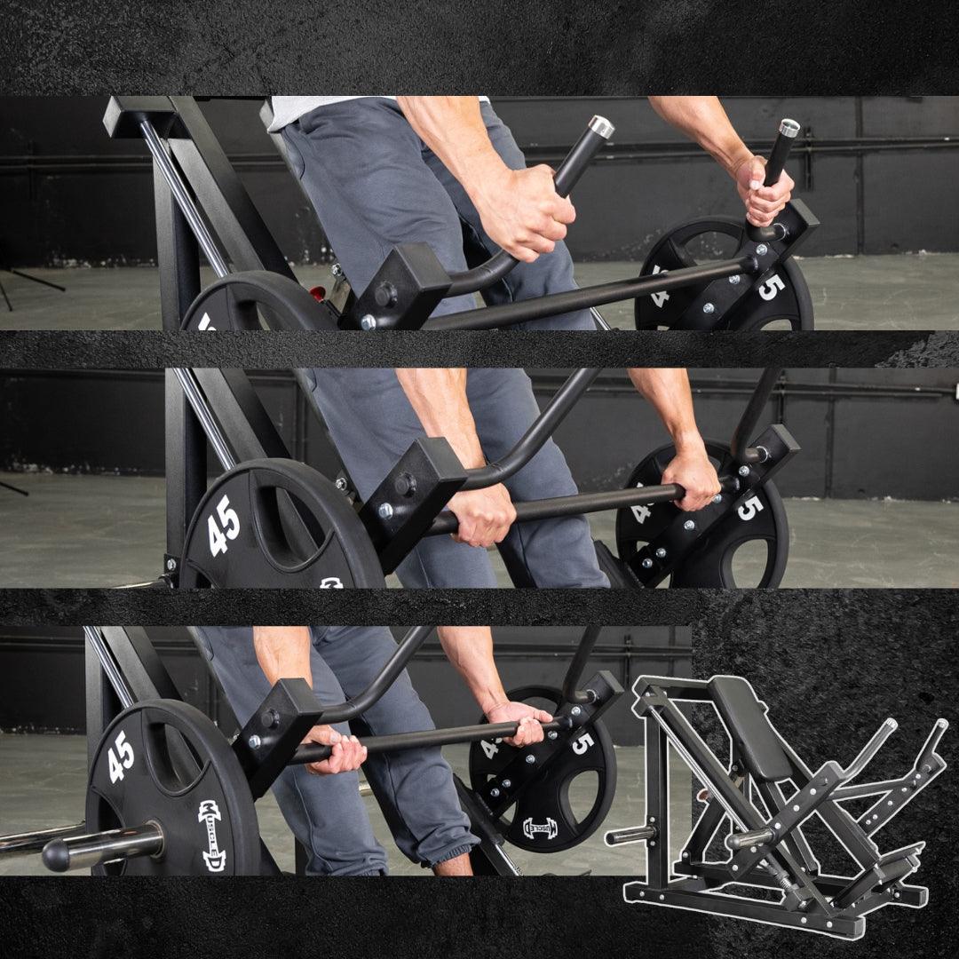 Man using plate-loaded row machine with 45 lb weights for strength training.