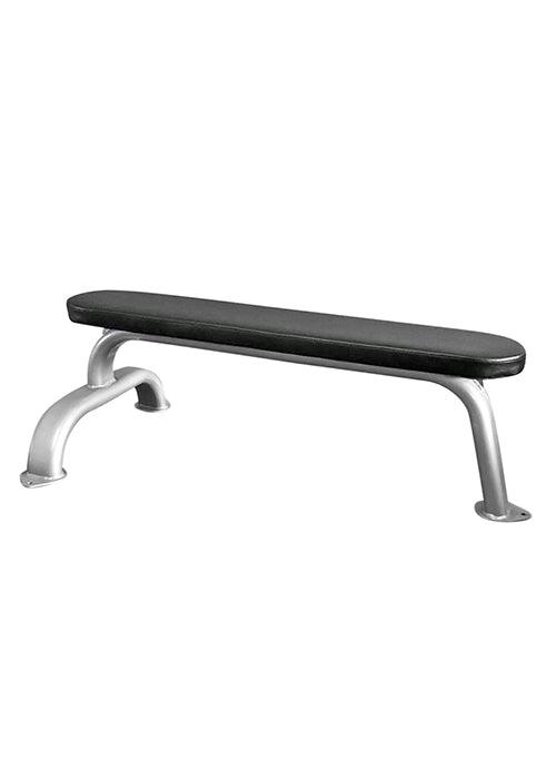Flat workout bench with black padded seat and silver metal legs.