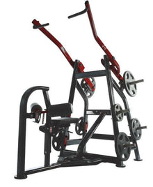 Gym strength machine with red and black frame, featuring multiple weight plates for versatile workouts.