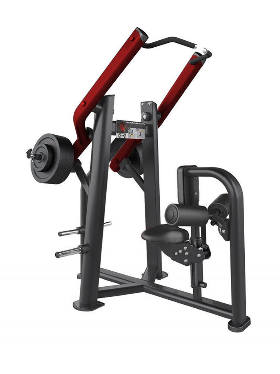 Hammer Strength plate-loaded shoulder press machine with red handles.