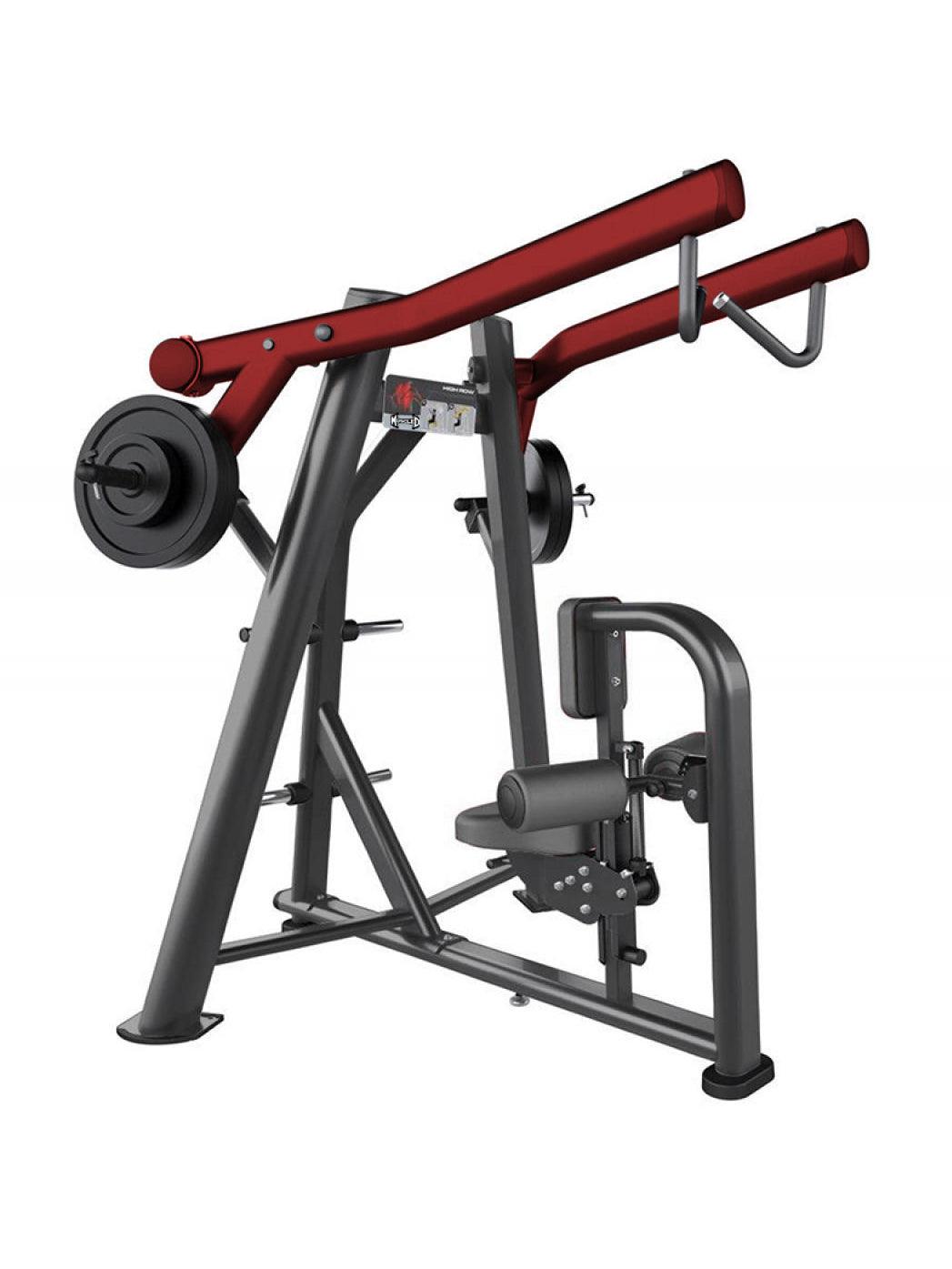 Hammer Strength plate-loaded shoulder press machine with red padded handles.