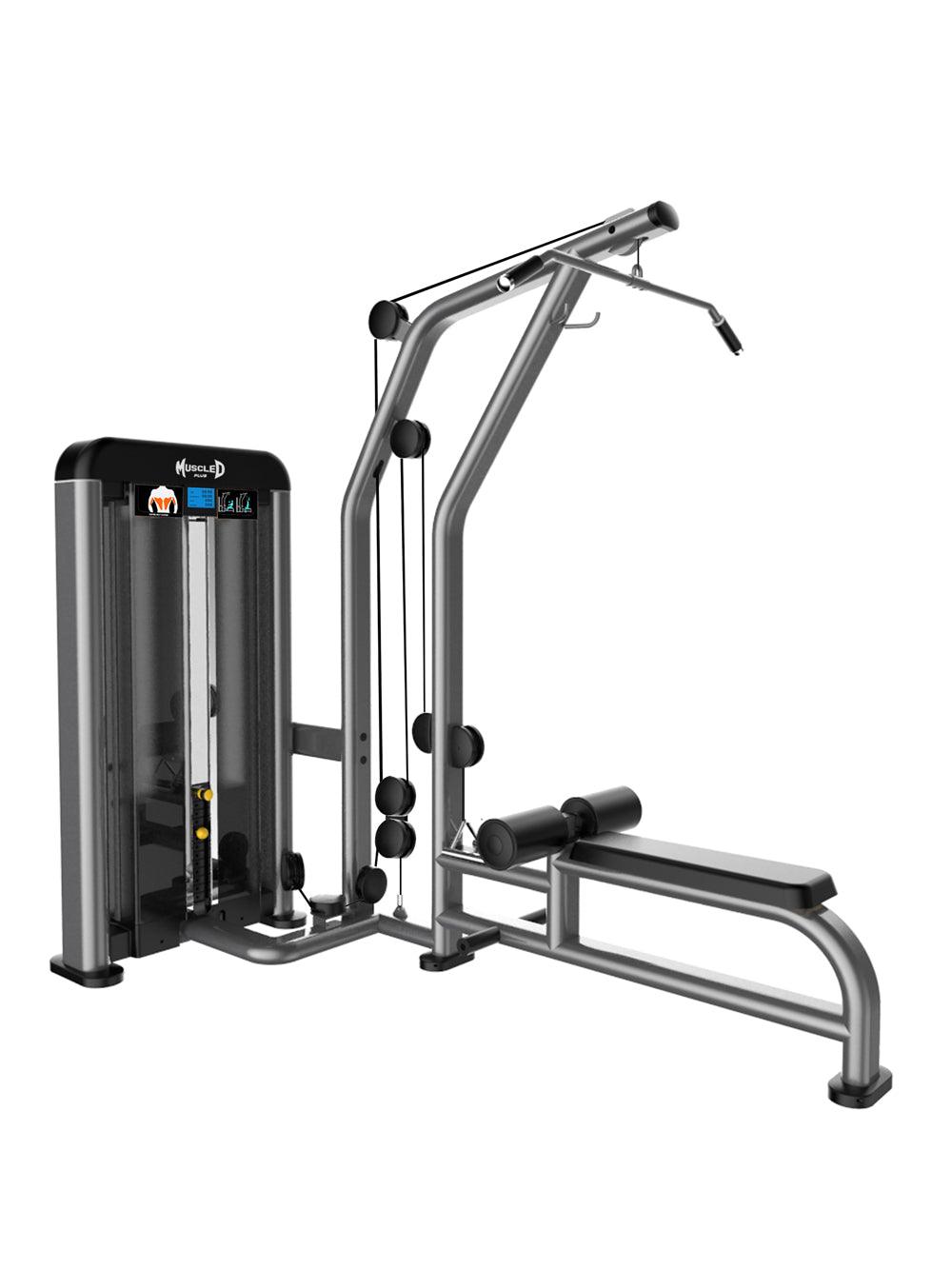 Muscle D lat pulldown machine with adjustable pulleys in sleek silver finish.