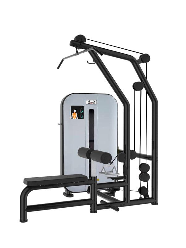 Multi-functional gym machine with pulleys and bench, black steel frame, ideal for strength training.