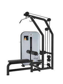 Multi-functional gym machine with pulleys and bench, black steel frame, ideal for strength training.
