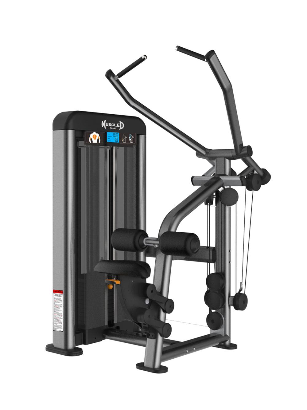 Muscle D Fitness pull-up machine with sleek black design for upper body workouts.