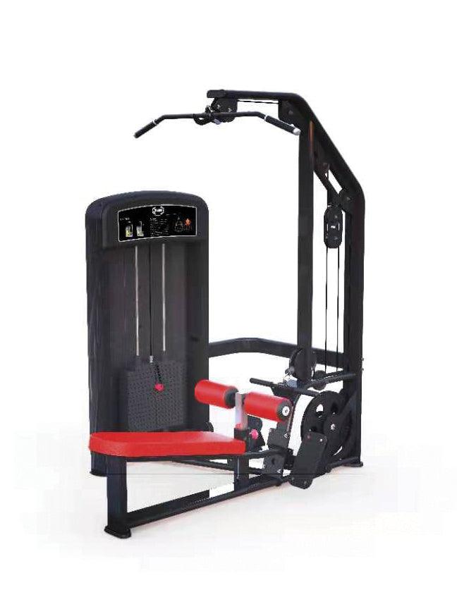 Gym cable machine with red seat and black frame for strength training.