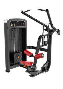Black and red lat pulldown machine with padded seat and weights for gym workouts.