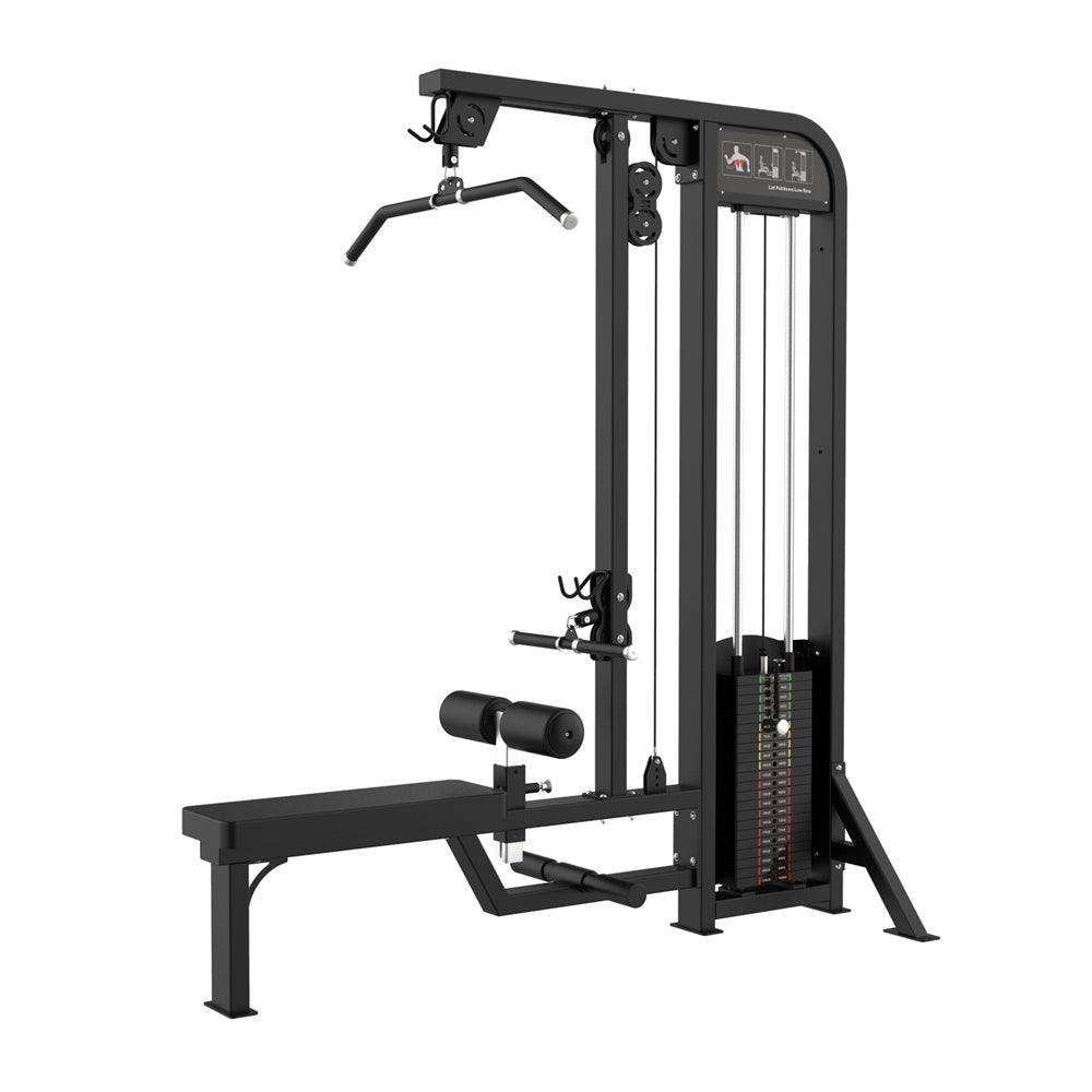 Black lat pulldown machine with adjustable weight stack for home gym fitness.
