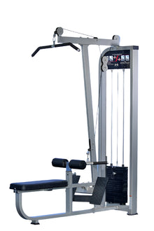 Lat pulldown machine with black seat and weight stack for upper body workouts.