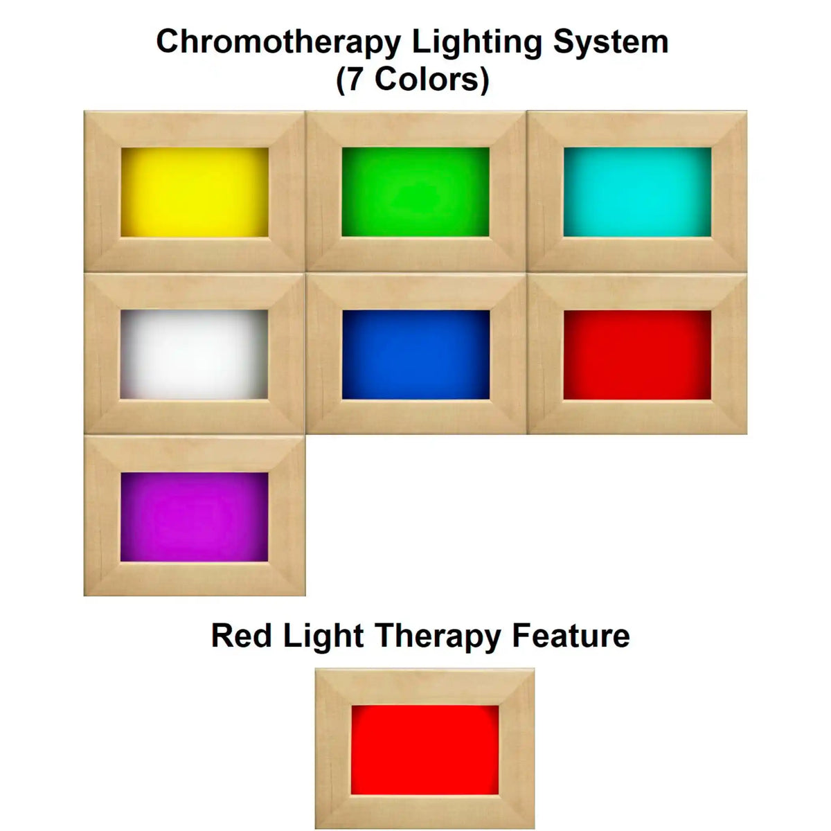 Wooden tile panels with seven-color chromotherapy lights and a red light therapy feature.
