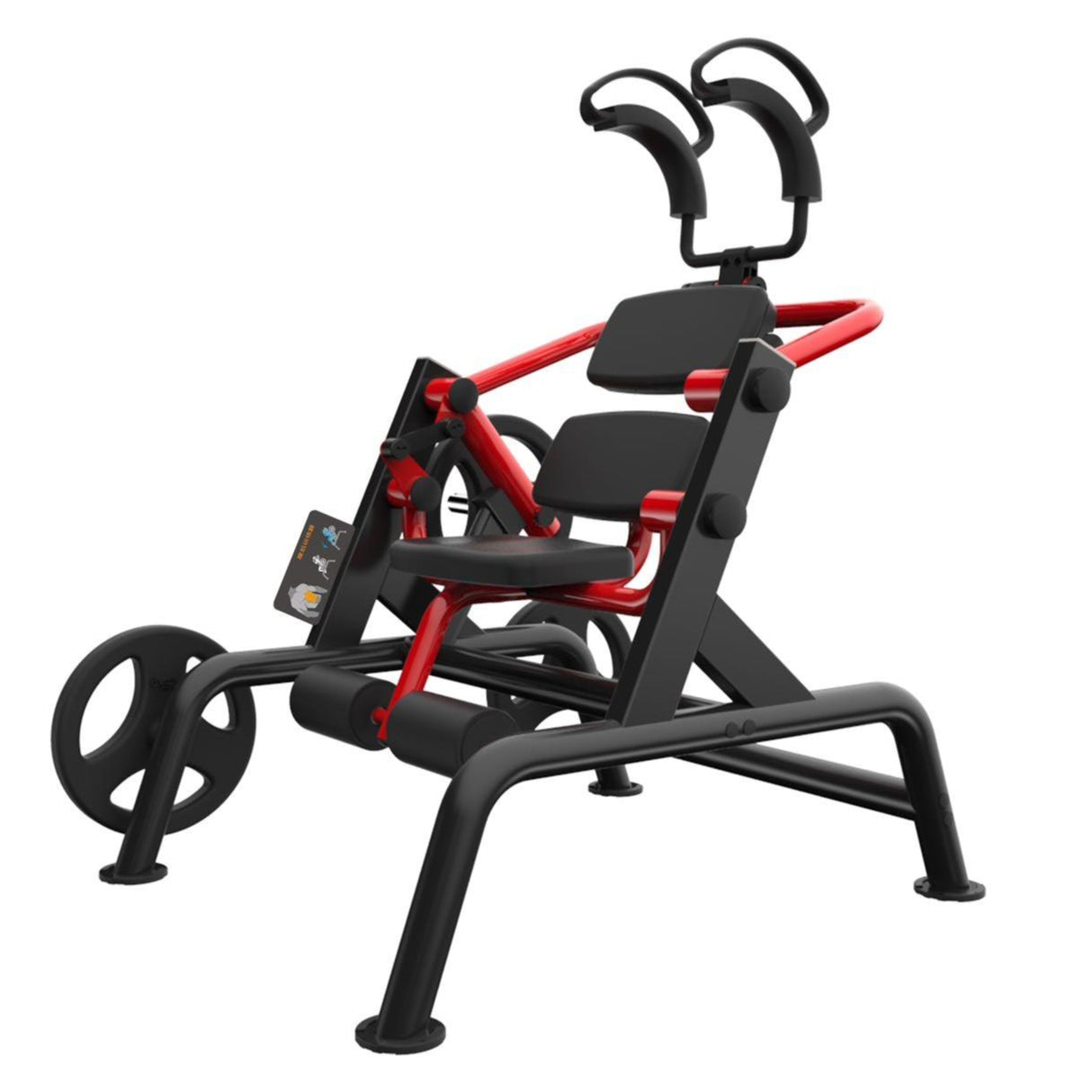 Red and black commercial incline bench press machine with ergonomic design.