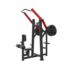 Red and black seated row machine with weight plates, ideal for strength training.