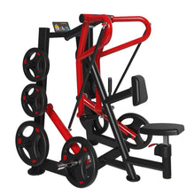 Red and black gym rowing machine with weight plates, ideal for strength training.