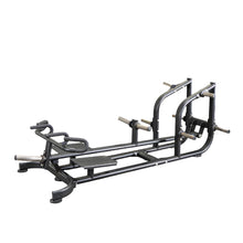 Black leg press machine with multiple handles for versatile gym workouts.