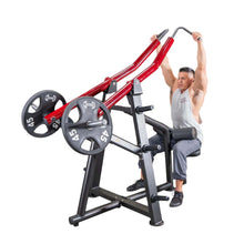 Man using Muscle D Fitness lat pulldown machine with red handles.