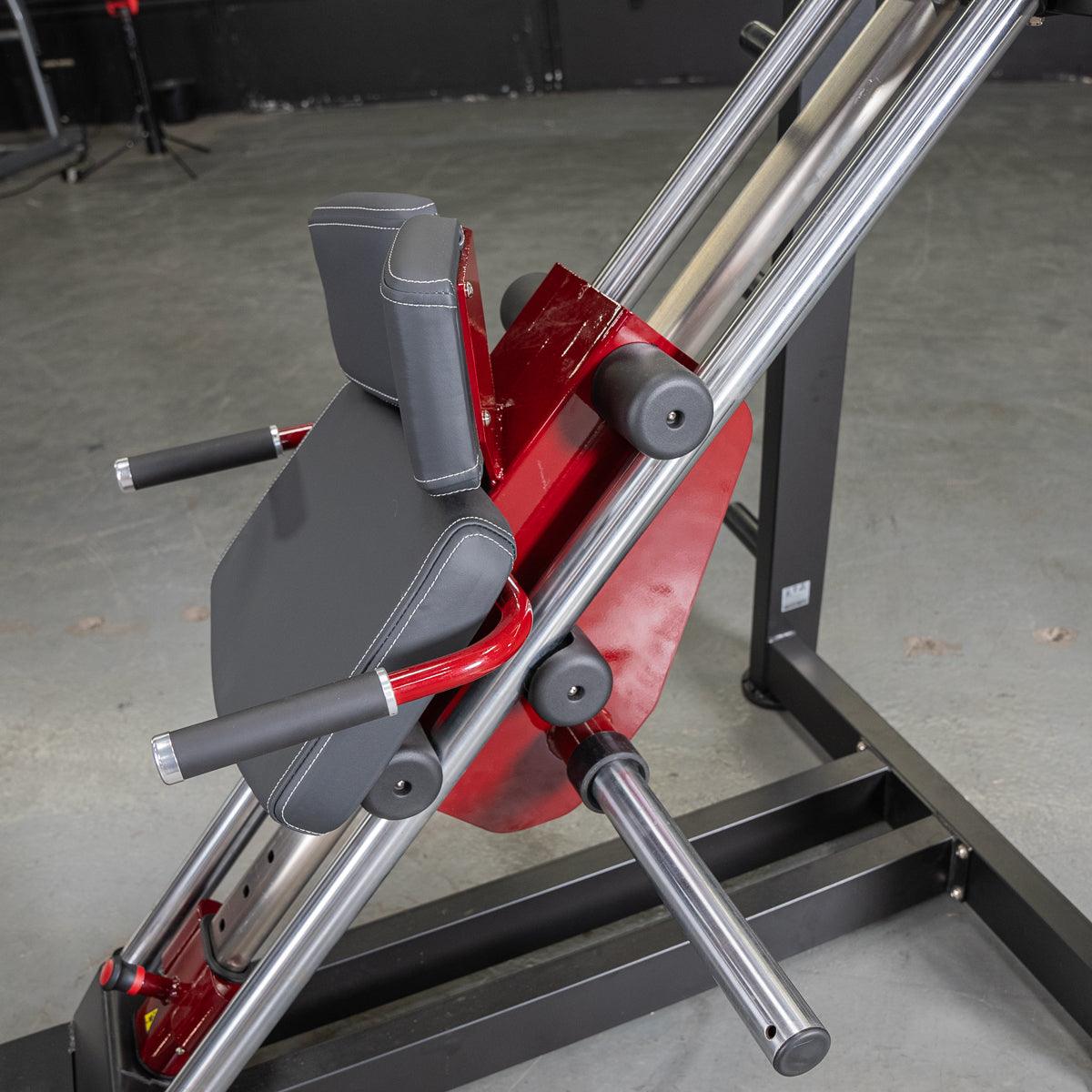 Power Leverage V2 Hack Squat Calf Raise machine with padded leg supports.