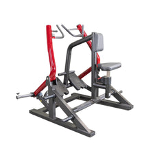 Red and gray seated row machine with padded seat for gym workouts.