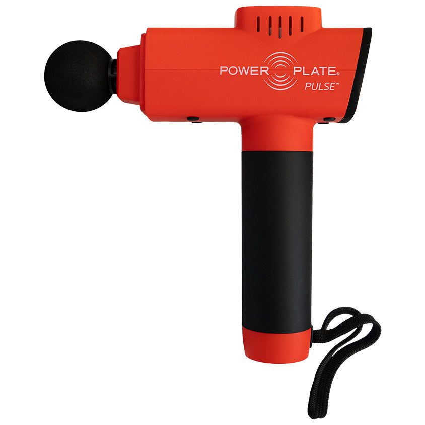 A red and black handheld massage gun labeled POWER PLATE PULSE, featuring a round massage head and a textured grip for ease of use.