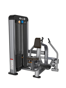 Muscle D leg press machine with a padded seat for effective strength training workouts.