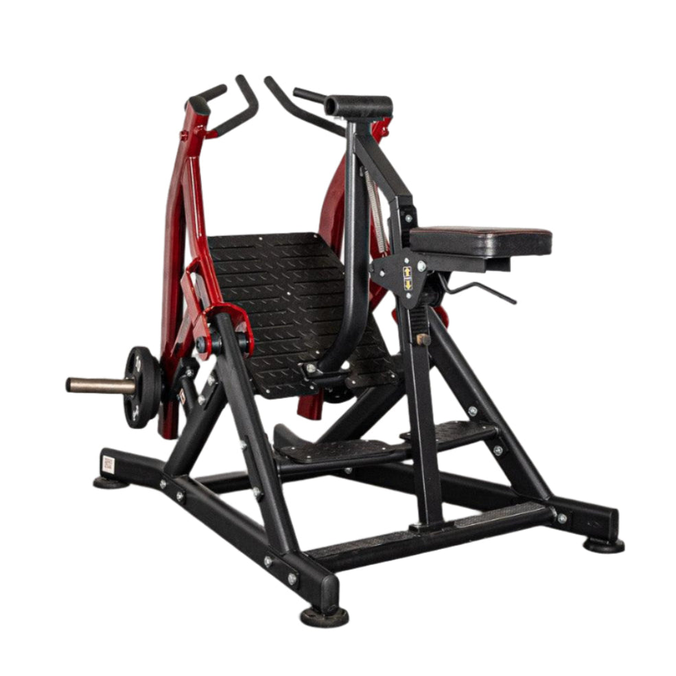 Red and black Hack Squat machine with padded seat for gym workouts.