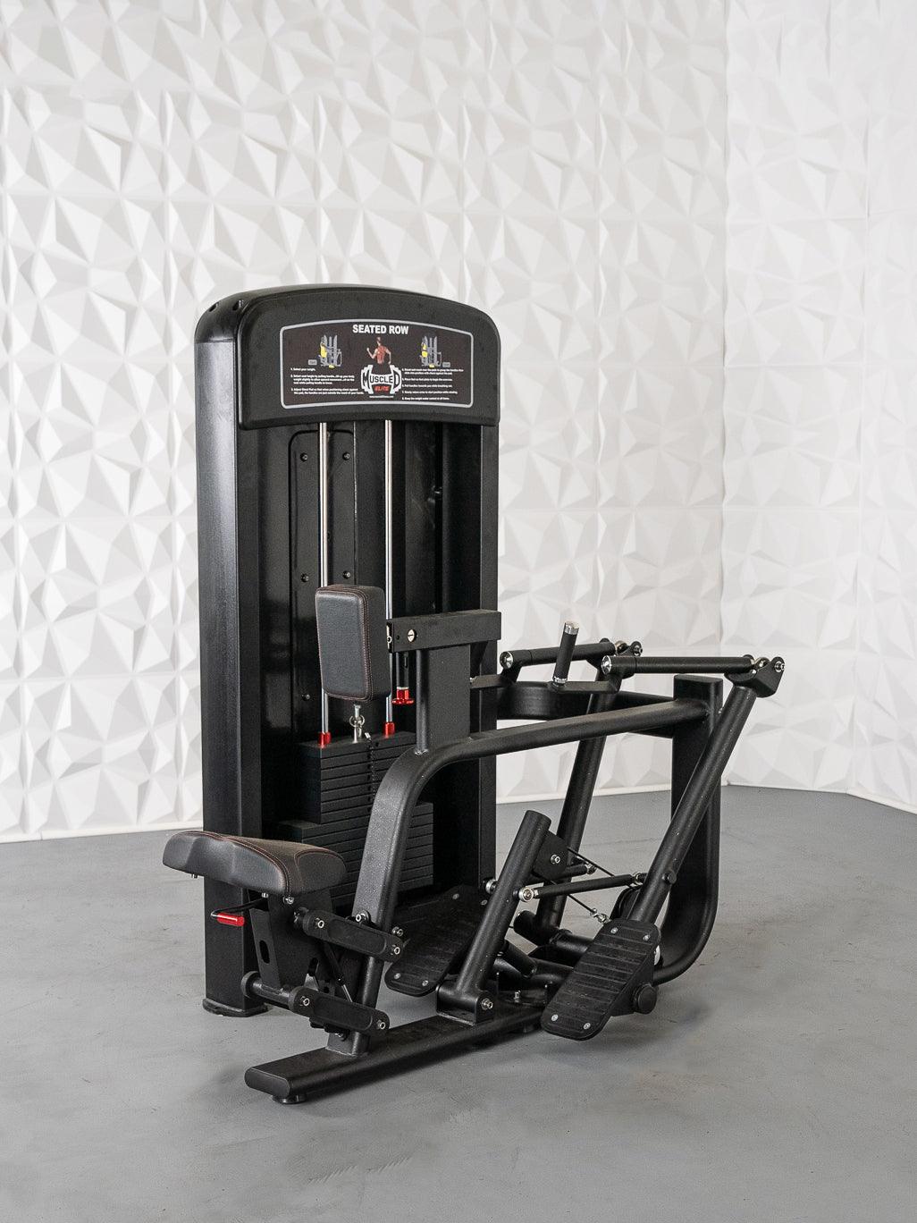 Seated row machine with black finish, featuring adjustable seat for gym use.